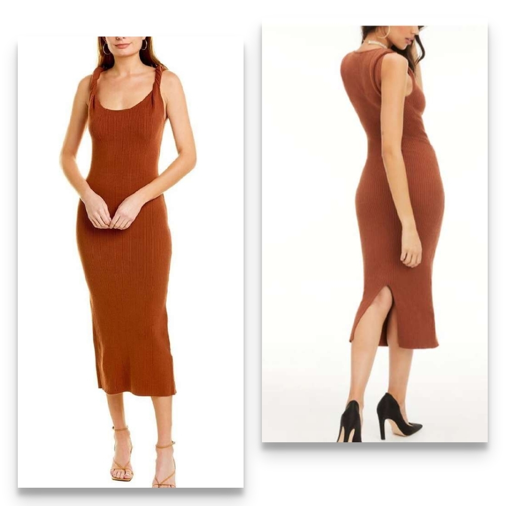 GOOD AMERICAN Twisted Sleeve Ribbed Midi Dress Back Slit Tortoise Shell